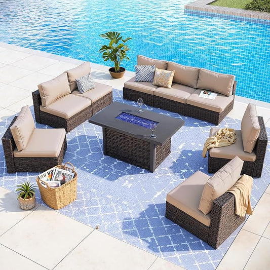 9 Piece Patio Furniture Set with 42" Fire Pit Table, Outdoor Wicker Rattan Sectional Sofa Set, Patio Conversation Set with Thickened Cushions, Beige