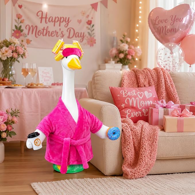 Lady Porch Goose Outfits, Spring Summer Porch Goose Clothes for 23 inch Goose Statue, Bathrobe Goose Costume with Curlers, Sleep Mask, Coffee, Donut for Lawn, Yard, Garden, Outdoor Patio, Home Decor