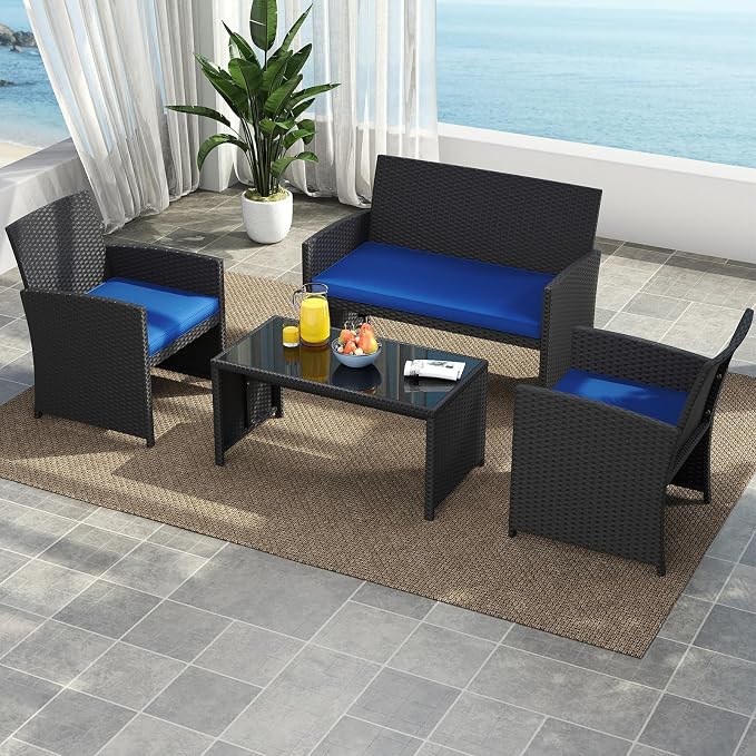 Tangkula 4 Pieces Patio Wicker Furniture Set, Outdoor Heavy Duty Rattan Cushioned Chairs, Loveseat and Tempered Glass Coffee Table, for Backyard, Balcony, Poolside