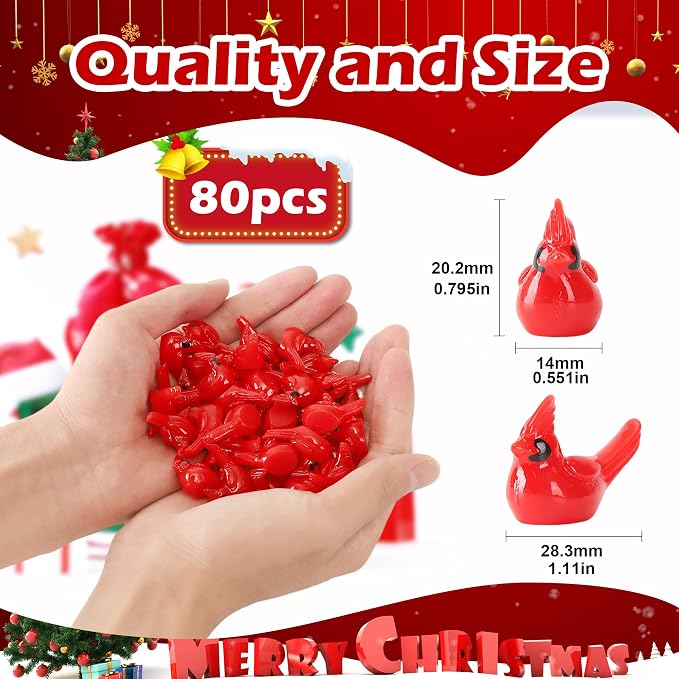40 Pcs Mini Resin Red Cardinal Birds Christmas Tree Ornaments Bulk Tiny Animals Figurines for DIY Craft Supplies Mini Garden Decor Party Cake Toppers Dollhouses Xmas Gift