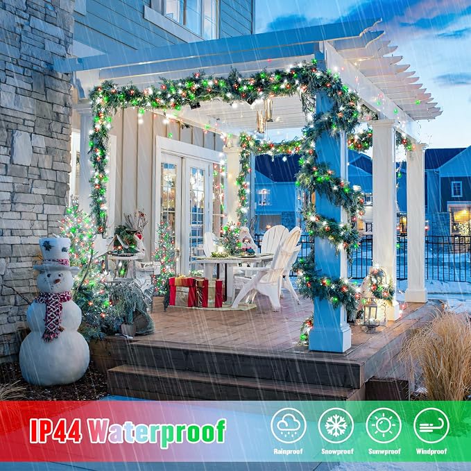 JMEXSUSS 2 Pack Solar Fairy Lights, Each 33FT 100 LED, Red White and Green | Outdoor Waterproof, 8 Modes Solar String Lights for Outside Garden Yard Patio Christmas Decorations
