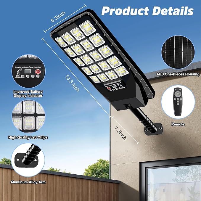 4 Pack Solar Street Lights Outdoor Waterproof, 6500K 20000LM Wide Angle Solar Powered Flood Light with Motion Sensor & Remote Control,Dusk to Dawn Commercial Solar Outdoor Light for Parking Lot