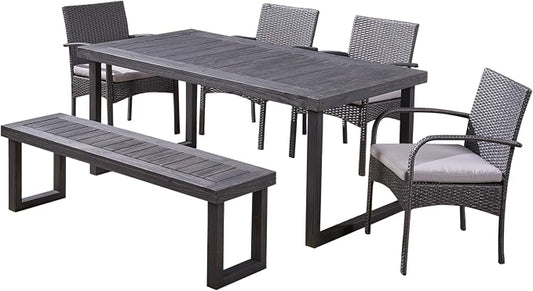 Christopher Knight Home Stillwater Outdoor 6-Seater Aluminum Dining Set with Wicker Chairs and Bench, Sandblast Dark Gray and Gray