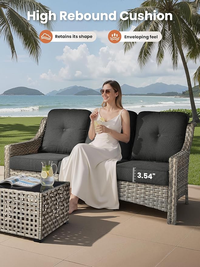 ovios 5 Piece Outdoor Patio Furniture with 3 Seat Sofa,Rattan Wicker Coversation Set with Swivel Rocking Chair,Balcony Sofa Set with Shiny Table for Outside Porch Backyard Pool, Black