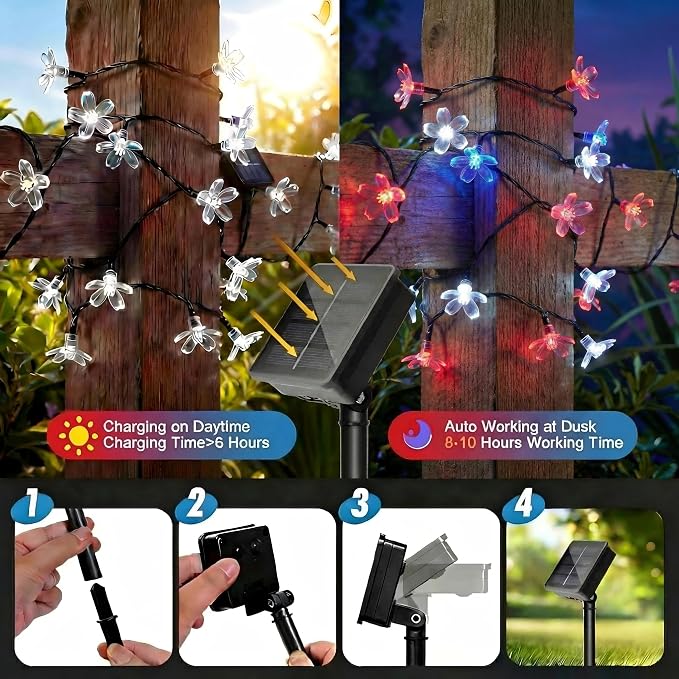 ITICdecor 50 LED Solar Flower String Lights Outdoor Waterproof 4th of July Fairy Light Decorations for Garden, Fence, Patio, Yard &Party Decoration (Red White&Blue)