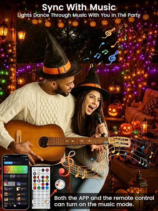 600 LED Smart Color Changing Fall String Lights APP & Remote for Halloween | 197 FT Halloween Twinkle Lights IP44 Waterproof, Timer, Music Sync, Multiple Colors & Modes Outdoor Christmas Fall Decoration