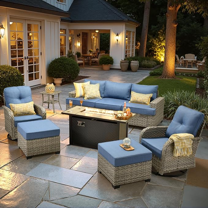 HOOOWOOO Sectional Patio Furniture Set With Fire Pit Table,9 Pieces Wicker Outdoor Furniture Couch,Outside Conversation Set Extra Deep Seat Sofa Wide Rocking Chairs Ottomans Arm Solar Table,Denim Blue