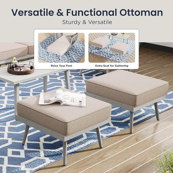 PHI VILLA 6-Piece Rope Rattan Patio Sectional Furniture Set,Modern Outdoor Conversation Set with Detachable Armrests and Grey Metal Frame,All Weather Patio Sofa with Coffee Table and Biege Cushions
