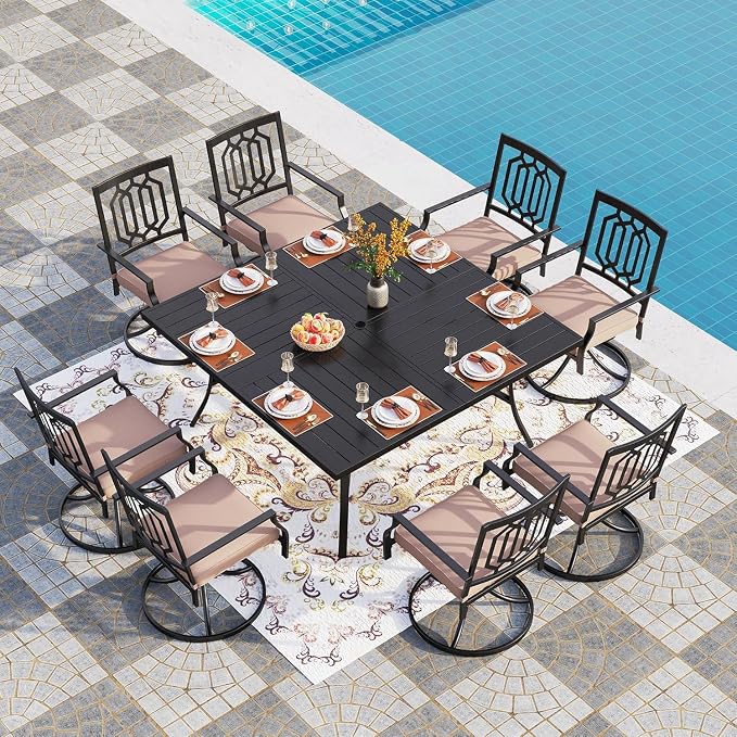 PHI VILLA 9 Pcs Outdoor Dining Set, 57.5" Steel Table, Black | 57.5" wrought iron table w/ umbrella hole &8 swivel chairs w/ cushions . Weather-resistant e-coated frame.Perfect for patio