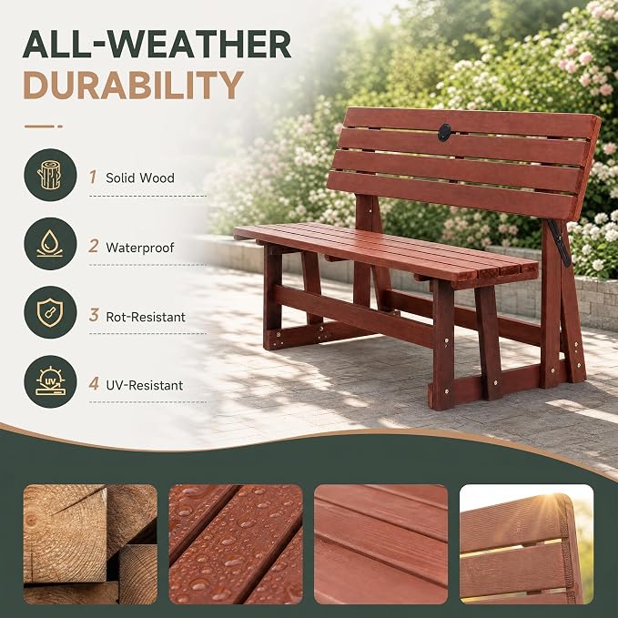 2-in-1 Convertible Bench Picnic Table - Outdoor Folding Dining Set w/Backrest & Umbrella Hole. Solid Wood, Waterproof & UV-Resistant - Ideal for Backyard, Patio, Garden & Parkway