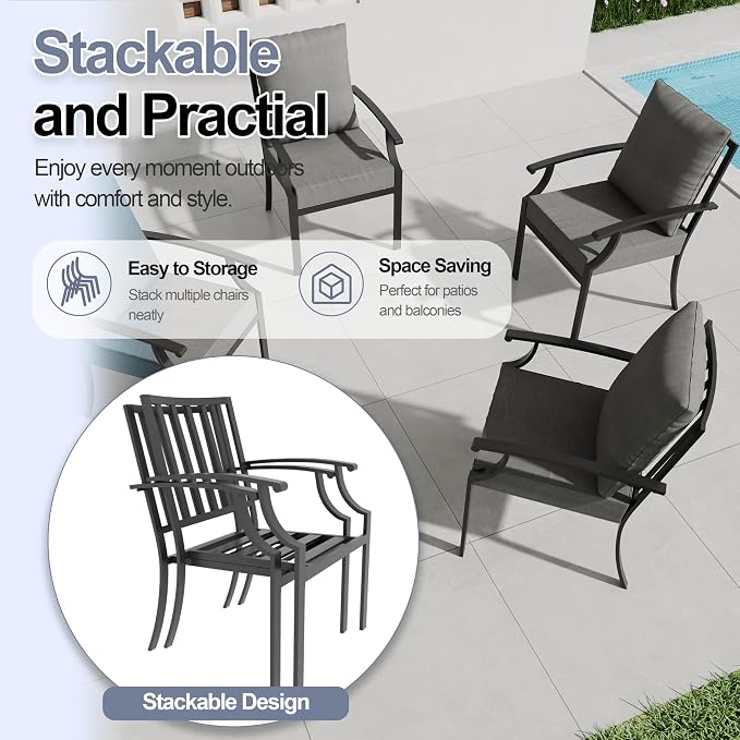 7 Piece Metal Outdoor Patio Furniture Set with 48" Round Propane Fire Pit, Outdoor Dining Table Set with 6 Fixed Chairs and 55000 BTU Outdoor Fire Pit, Grey