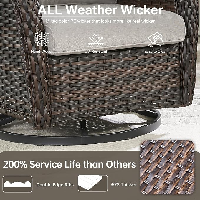 Outdoor Swivel Rocker Patio Chairs Set of 4 with Coffee Table - 5" Thick Cushion 7 Piece Furniture Set All Weather Comfortable Wicker Conversation Set for Porch Deck - Brown/Beige