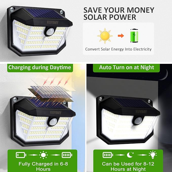 Solar Outdoor Lights, 230 LED with Motion Sensor and 3 Modes, IP65 Waterproof, 270° Wide Angle Light, Easy-to-Install Intelligent Security Wireless Wall Lights for Porch, Garage, Yard(4 Pack)