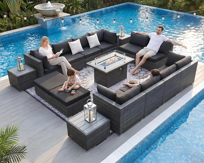 NICESOUL 15 Piece Outdoor Sectional with Fire Pit Table, Modern Luxury Patio Deep Seating w/Firepit, 29.3'' High-Back Wicker Couch Thick, Big High-Weight Capacity Sofa for Terrace, Yard, Dark Gray