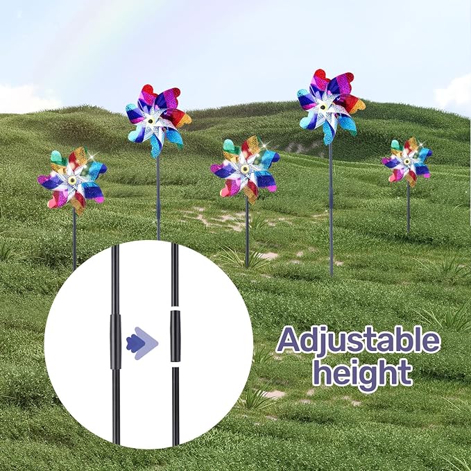 BATTIFE Preassembled Reflective Pinwheels for Yard & Garden, Color, 10 Pack | Sparkly Reflective Material Spinner, Spins Best in Steady Wind, Animal-Deterrent Results Vary by Placement and Conditions