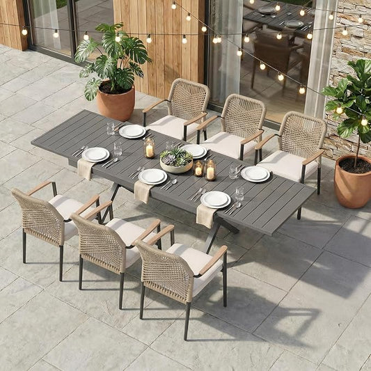 SUNSITT 7 Piece Outdoor Patio Dining Set, 65" - 107" Metal Expandable Outdoor Dining Table with X-Shape Legs, 6 Woven Wicker Patio Chairs w/WPC Armrests for Garden, Dark Grey
