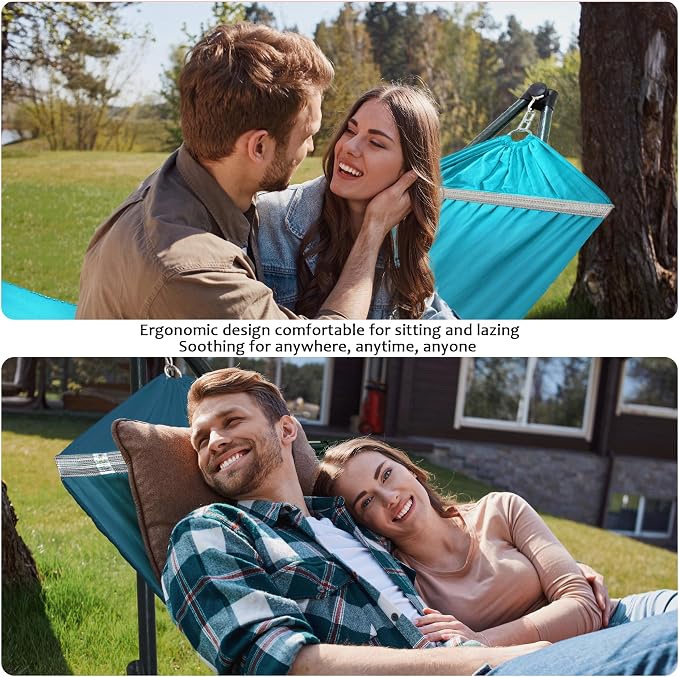 Tranquillo Ultimate Relaxation Portable Hammock Stand with Cotton Canvas Net, Spreader Bar, Quick Fold Unfold in 30 Seconds Steel Frame Hammock 600 lbs Capacity Outdoor, Blue