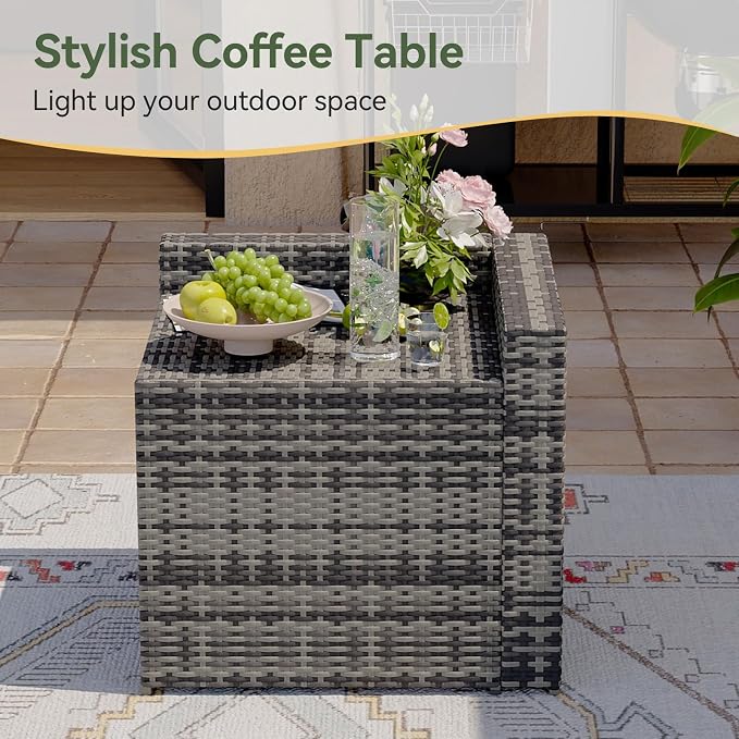 Aoxun Outdoor Wicker Storage Coffee Table, All-Weather Side Table with Waterproof Cover, for 25.8" High-Back Sofas Grey