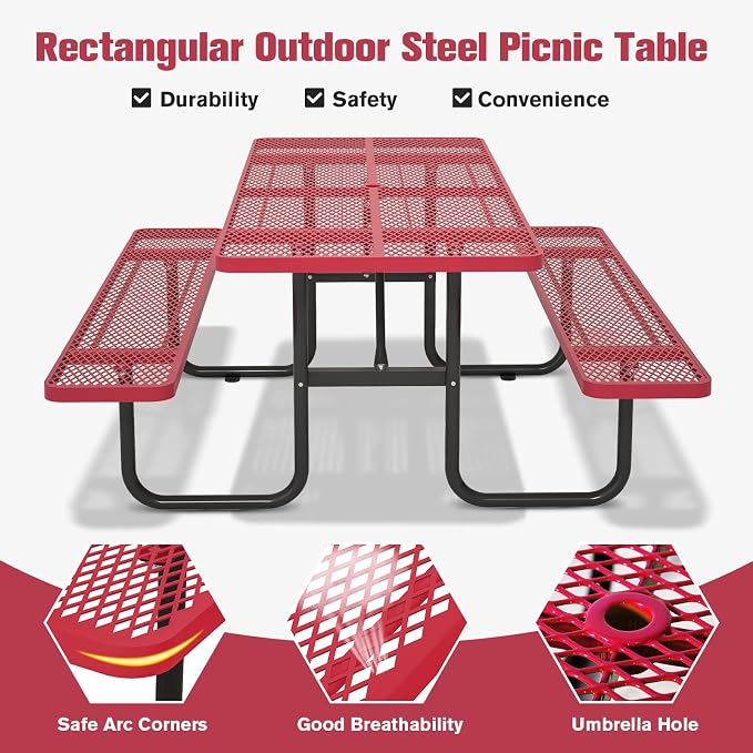 72'' Rectangular Steel Picnic Table for Outdoors,Commercial Metal Picnic Table with Umbrella Hole, Heavy Duty Sturdy Picnic Tables Furniture Set for Patio Garden Courtyard BBQ, Red