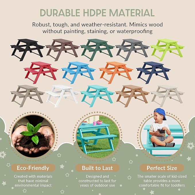 WestinTrends Malibu Outdoor Patio and Indoor Kids HDPE Plastic Picnic Bench Table, Turquoise