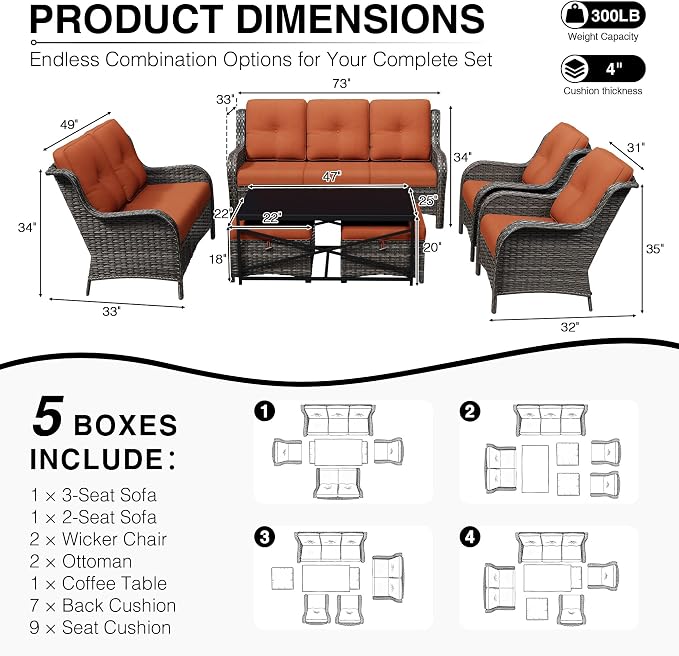 Joyside 7 Piece Wicker Patio Furniture Set, Rattan Patio Chairs with High Back, Deep Seating, Wide Armrest, Thickened Cushions, Outdoor Furniture for Deck, Porch Use