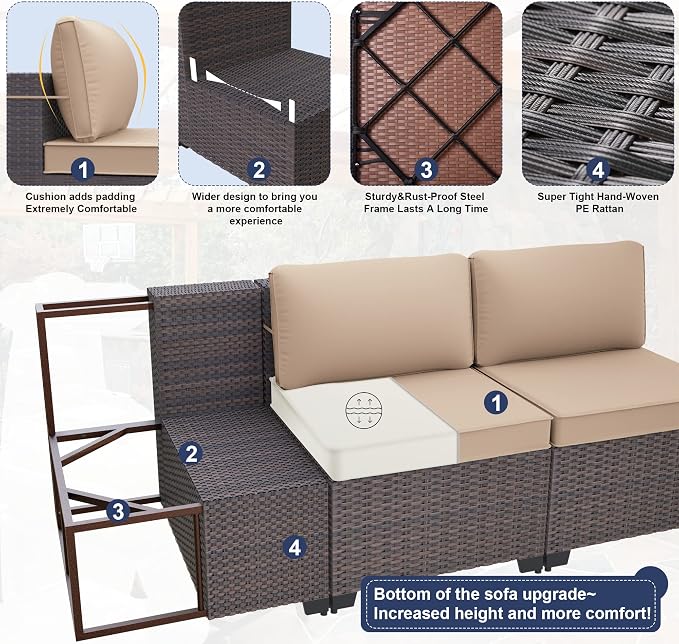 Kurapika 14 Pieces Patio Furniture Set, Rattan Wicker Outdoor Conversation Sets w/43in Propane Fire Pit Table and 4 Inch Cushion(Sand)