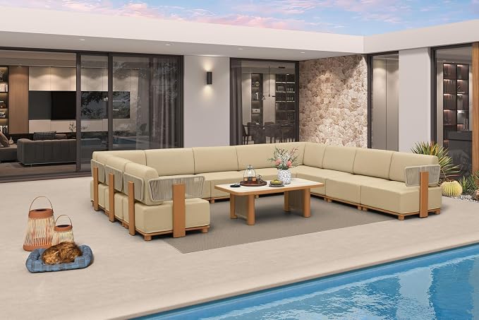 PURPLE LEAF Patio Furniture Set Modular U-Shaped Outdoor Sectional Sofa with 11" Thick Olefin Cushion 11-Piece Outdoor Conversation Set with Coffee Lights & Table for Backyard Garden Poolside, Beige