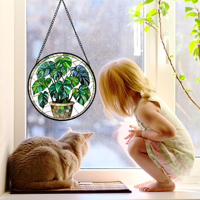 DASTOLL Stained Glass Window Hanging, Green Plant Monstera t Suncatcher Diamond Colorful Glass Panel Sun Catchers Decor for Birthday for Women, Men, Wife, Aunt, and Mom 7.8 in