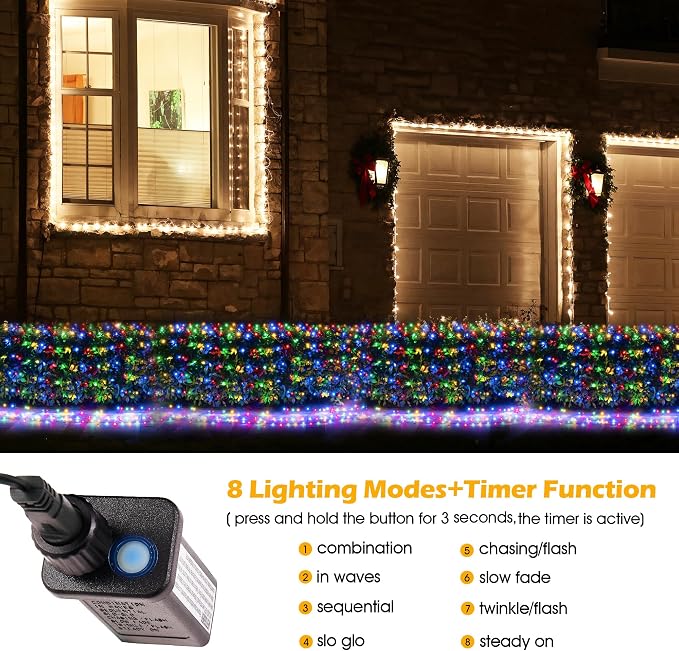 BlcTec Outdoor Christmas Lights 200 LED 8.4ft x 5.2ft Christmas Net Lights with 8 Modes, UL Certified, Timer, Connectable, Waterproof Design for Bushes, Shrubs Outdoor Xmas Decorations, Multicolor