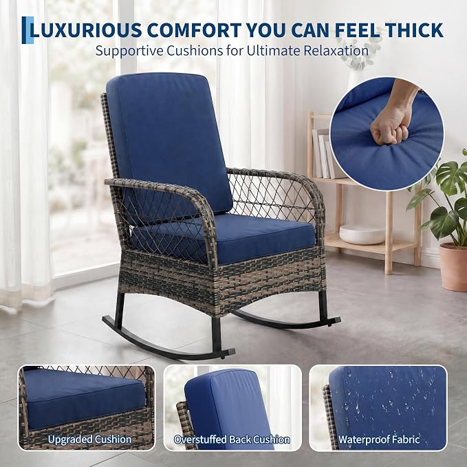 GarveeLife 3 Piece Outdoor Wicker Rocking Chair Set, Hollow Rattan Rocker Chairs with Side Table, Brown Gradient Wicker with Blue Cushions for Balcony, Patio, Garden
