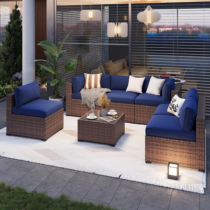 Aoxun Patio Furniture Sets, 7-Piece Outdoor Patio Furniture with Thick Cushions, Wicker Outdoor Conversation Set Sectional Sofa for Backyard, Poolside, Garden