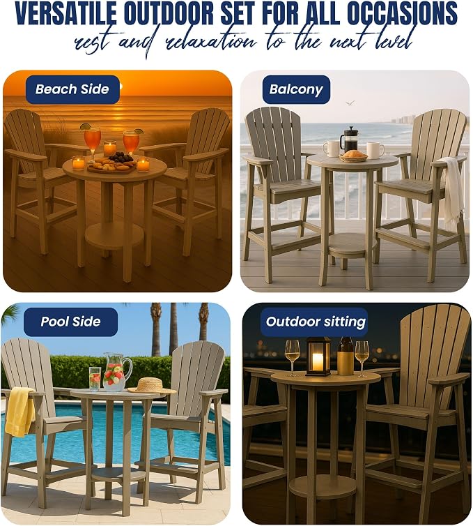 Phat Tommy Round Bar Height Patio Table - Outdoor Bar Table - Balcony Height Patio Furniture for Your Deck - Poly Outdoor Furniture, Weatherwood