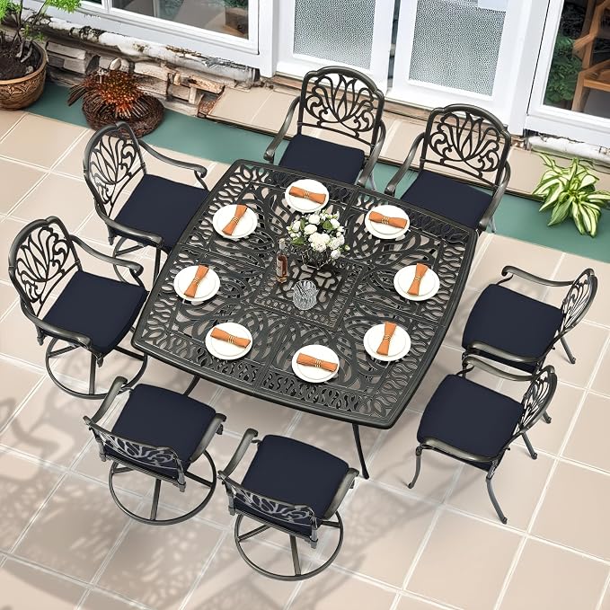 MEETWARM 9-Piece Outdoor Patio Dining Set for 8, All Weather Cast Aluminum Patio Funiture Table and Chairs Set- 64" Square Table and 4 Swivel Rocker Chairs, 4 Stationary, Umbrella Hole, Navy Blue