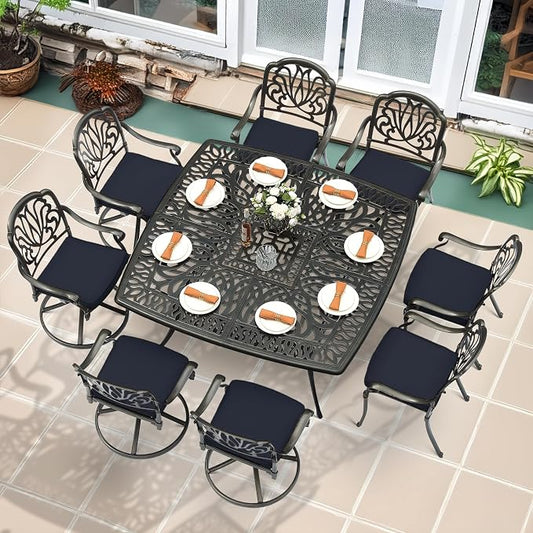 MEETWARM 9-Piece Outdoor Patio Dining Set for 8, All Weather Cast Aluminum Patio Funiture Table and Chairs Set- 64" Square Table and 4 Swivel Rocker Chairs, 4 Stationary, Umbrella Hole, Navy Blue
