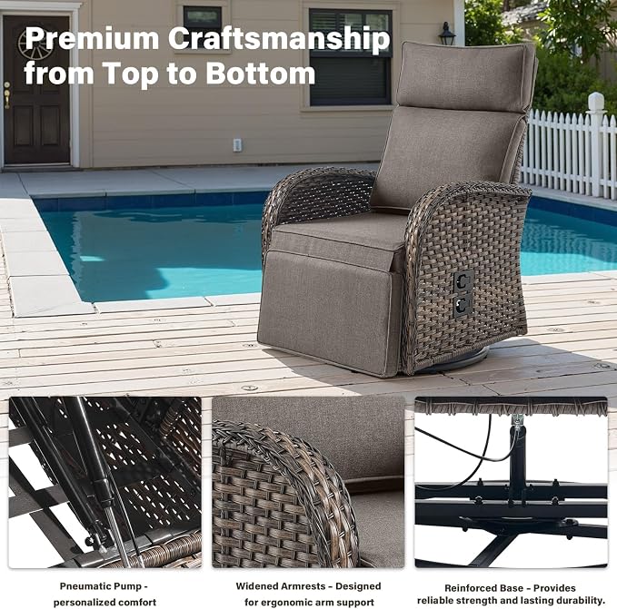 Belord Dual-Adjust Outdoor Swivel Recliner Chair – Wicker Reclining Patio Chair with Adjustable Backrest and Footrest, All-Weather Wicker Chaise Lounge Chair Outdoor for Pool Deck 2.0