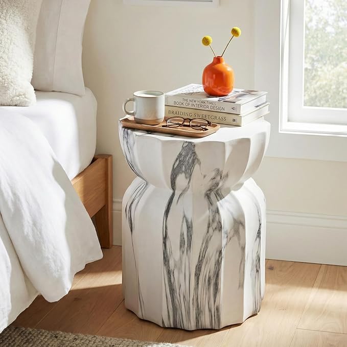Christopher Knight Home 18.9 Inch Modern Outdoor Faux Concrete Side Table, Sculptural Fluted Hourglass Accent Table for Patio Garden Balcony Poolside