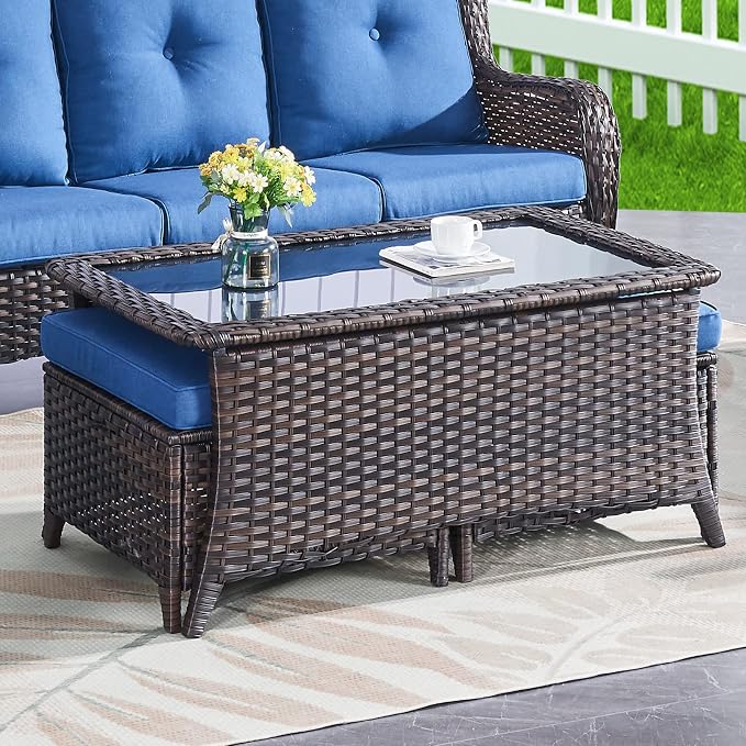 Belord Patio Wicker Sofa Set 6 Pieces Patio Furniture Set Outdoor Couch, 2 Patio Wicker Chairs with 1 Sofa, Coffee Table and Ottomans, Patio Conversation Set for Porch Garden Deck Balcony Poolside