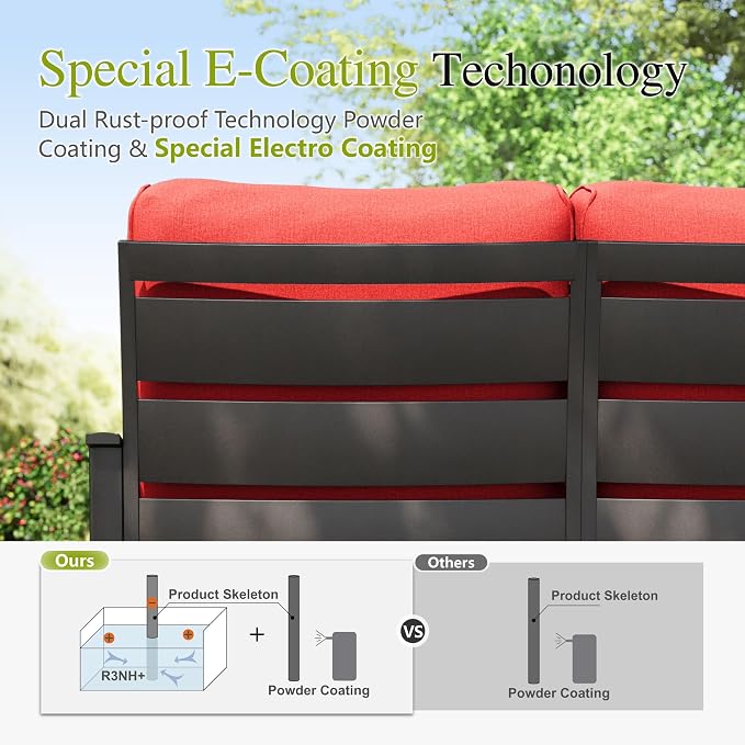 Sophia & William Patio Furniture Sets for 9 with 45" Gas Fire Pit Table Outdoor Conversation Sets 8 Pcs, 2xSofa Chairs, 2xSwivel Cushion Chairs, 1x3-Seat Sofa, 2xOttomans for Porch Poolside Red