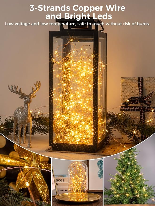 Solar String Lights for Outside,2Pack 66FT 200 LEDs Solar Fairy Lights,Waterproof 8 Modes Button Outdoor String Light for Patio Garden Backyard Tree Wedding Christmas,Copper Wire,Warm White