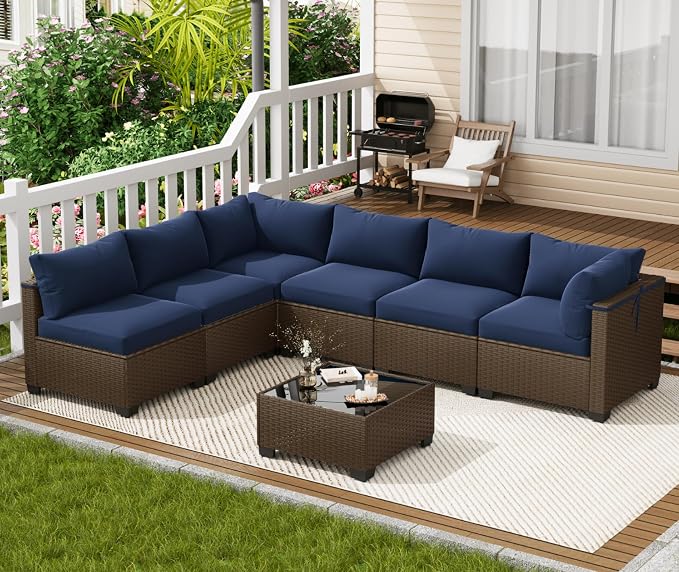 LOUVIXA 7 Piece Outdoor Patio Furniture Set, Outdoor Sectional Sofa, Wicker Rattan Patio Furniture, Patio Conversation Set with Coffee Table & Cushions