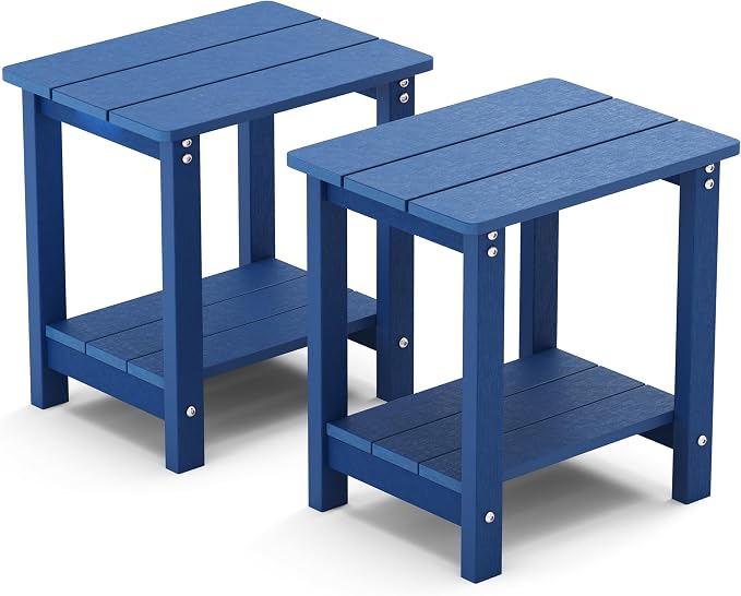 MXIMU Outdoor Side Table Set of 2: Heavy-Duty Sturdy Warp Resistant Adirondack Table - Wood Grain Finish Outdoor End Tables - Easy Assembly & Low Maintenance Patio Side Table Navy