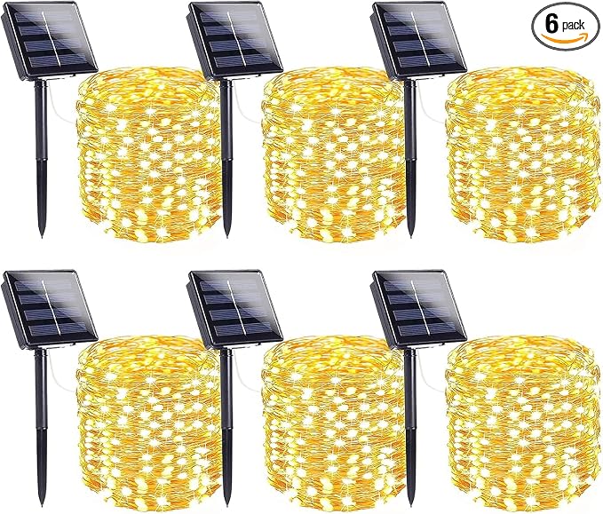 Solar Fairy Lights, 6 Pack Total 600LED 216FT Waterproof String Lights | Warm White, Copper Wire, 8 Lighting Modes Solar Twinkle Lights for Tree Garden Patio Party Outdoor Christmas Decorations