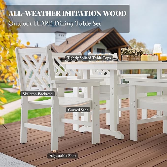 HDPE Dining Table Set for 6,7-Piece Outdoor Table and Chairs Include 6 Dining Chairs and 62.5" Patio Dining Table with Umbrella Hole (White)