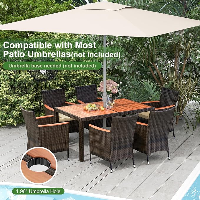 DORTALA Patio Dining Furniture Set for 6, 7 Piece PE Rattan & Acacia Wood Outdoor Table and Chairs with Umbrella Hole, Cushions for Backyard Poolside, 400 Lbs Capacity, Mix Brown