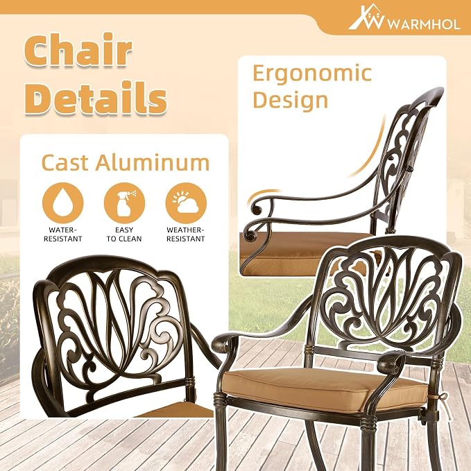 5-Piece Outdoor Patio Dining Set, All-Weather Cast Aluminum Patio Furniture Set for Backyard Garden Deck with 4 Chairs, 4 Cushions and 35.4” Square Table, 2.2" Umbrella Hole