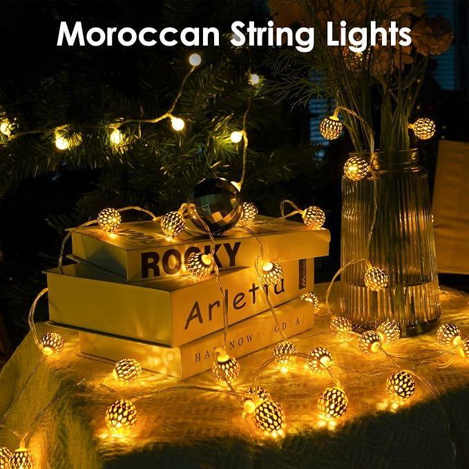 Moroccan String Lights Battery Operated 60 LED 36 FT Globe Fairy Lights | Warm White String Light for Bedroom, 8 Lighting Modes & Timer, for Party Wedding Garden Christmas Indoor Decor