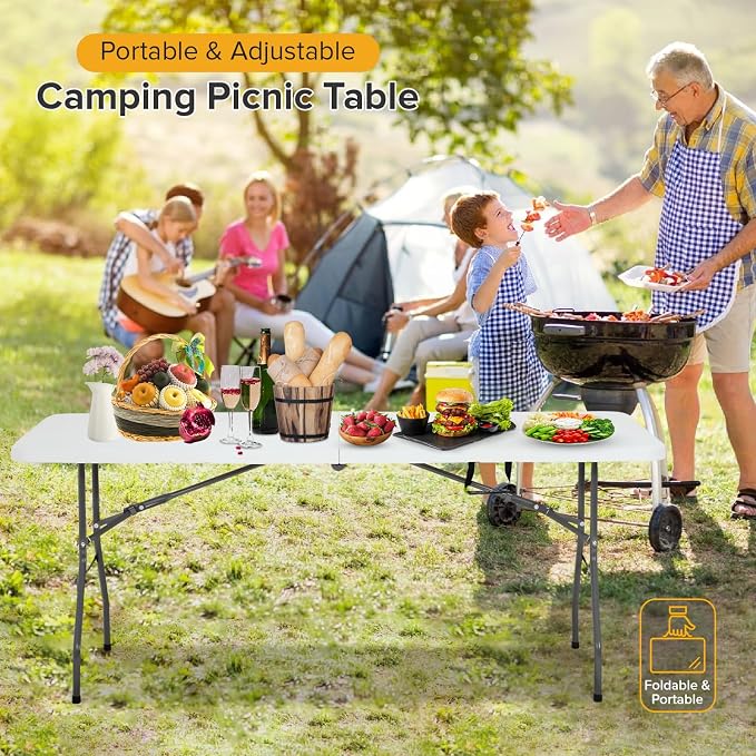 Dopinmin Folding Table 6FT Portable Heavy Duty Plastic Camping Table Foldable Tables Plastic Dining Tables Indoor Outdoor for Camping, Picnic and Party, White