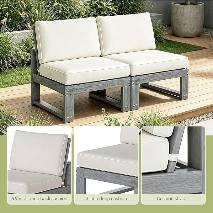 2-Piece Patio Furniture Set,Outdoor HDPE Sectional Sofa with Cushions,Outdoor Sectional Furniture Set for Porch,Backyard,Deck,Grey