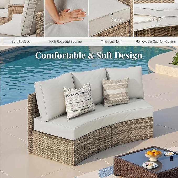 Jocisland 3-Piece All-Weather Wicker Conversation Set, Half-Moon Outdoor Sectional Sofa with Removable Cushions, Rattan Patio Furniture Set for Backyard, Garden & Deck, Beige