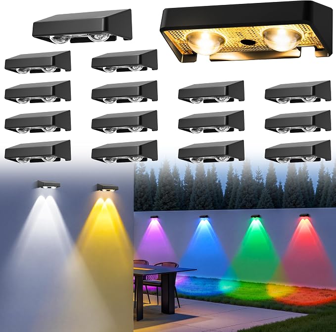 Solar Fence Lights Outdoor, Color Changing, Waterproof IP65, 16 Pack | 11 Modes, 9 Colors 50 LM Solar Lights Waterproof with LED Focus Lens for Wall Backyard Deck Patio Porch Step Pool Decor